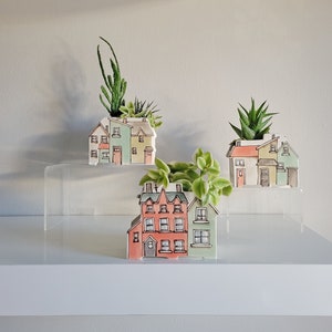 Small handmade ceramic planter of row of houses, series one. Happy vase for plants, perfect for cactus or succulent image 7