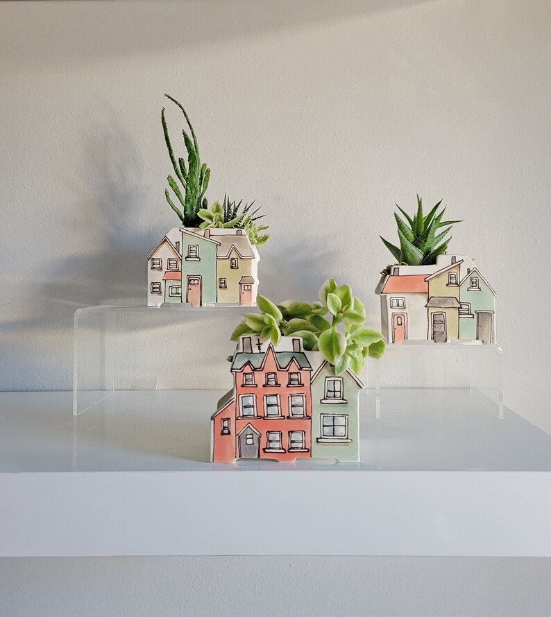 Small handmade ceramic planter of row of houses, series one. Happy vase for plants, perfect for cactus or succulent image 7