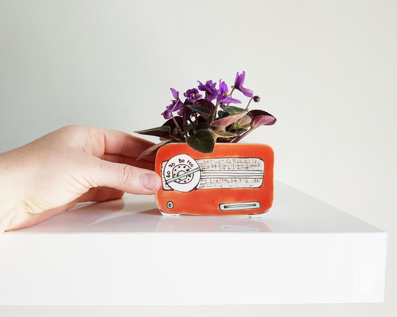 Small orange Vintage Radio planter. Perfect cactus or succulent planter. Unique dark orange ceramic planter image 2