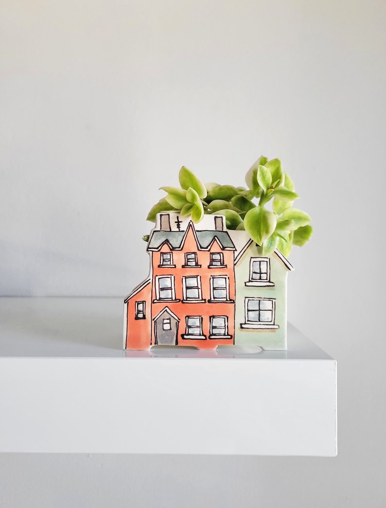 Small handmade ceramic planter of row of houses, series one. Happy vase for plants, perfect for cactus or succulent image 1