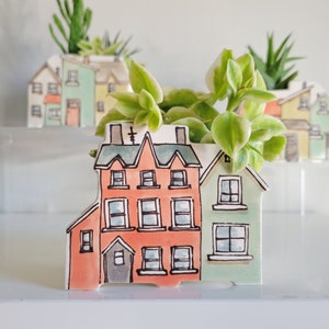 Small handmade ceramic planter of row of houses, series one. Happy vase for plants, perfect for cactus or succulent image 6
