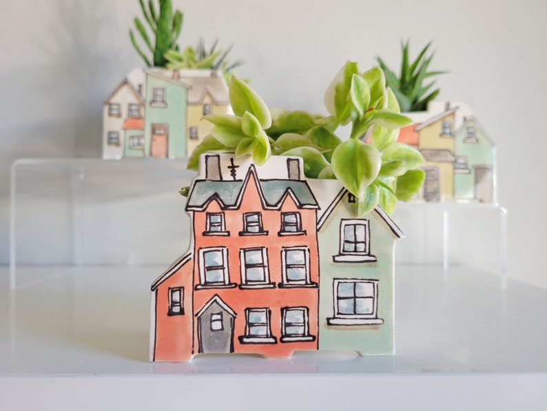 Small handmade ceramic planter of row of houses, series one. Happy vase for plants, perfect for cactus or succulent image 6