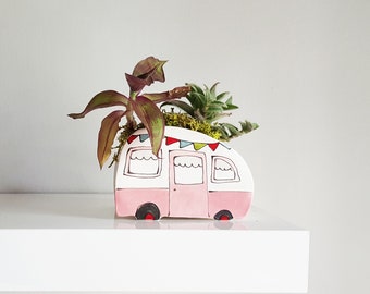 Camper planter. Vintage pink camper vase for plants. Perfect cactus or succulent planter. Ceramic planter, small ceramic planter , gift