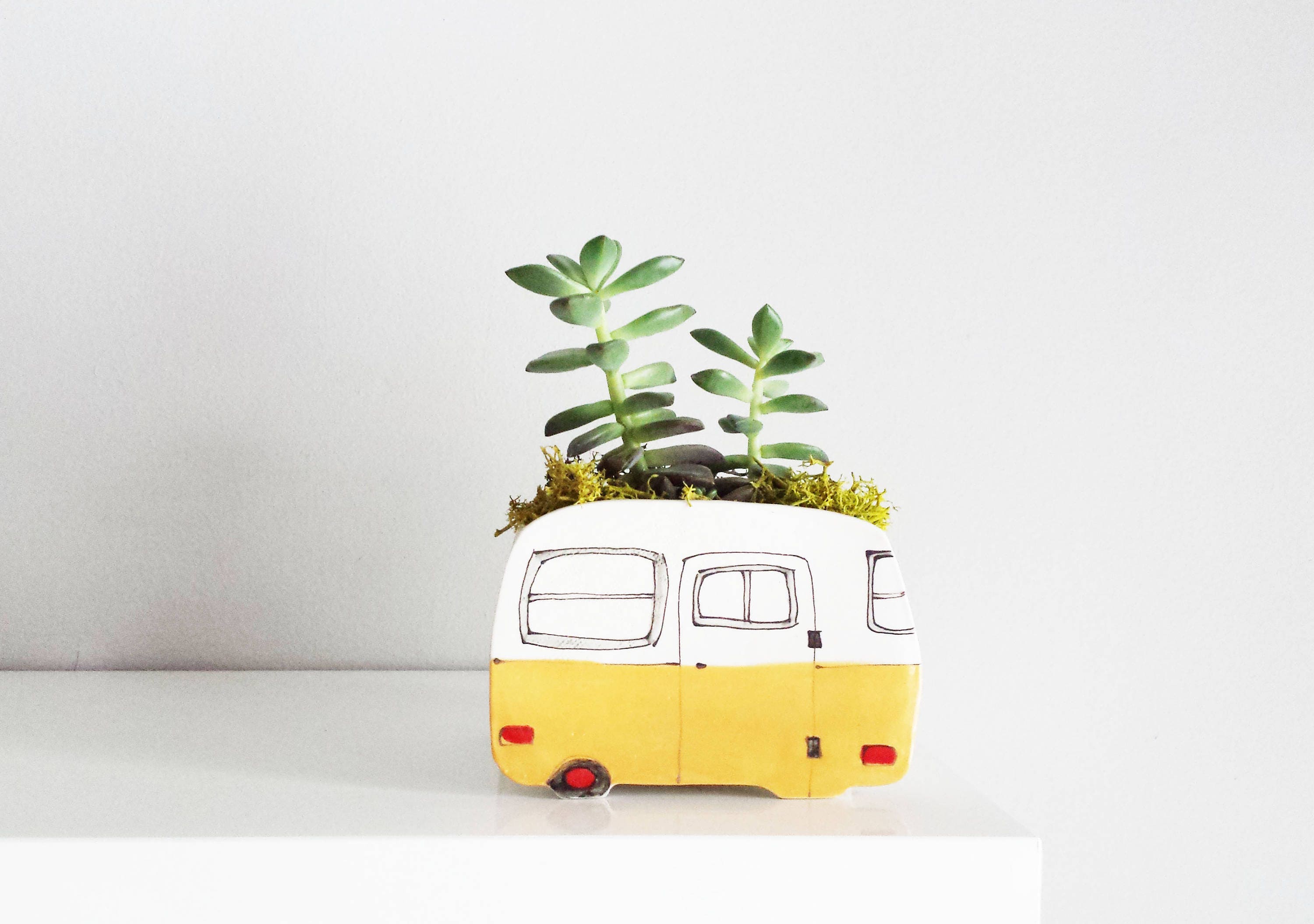 Camper Boler Pour Plantes, Jaune. Petit Vase en Céramique Cache-Pot Parfait Cactus, Succulente. Jard