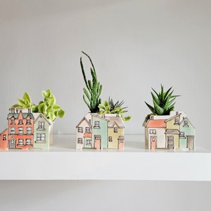 Small handmade ceramic planter of row of houses, series one. Happy vase for plants, perfect for cactus or succulent image 8