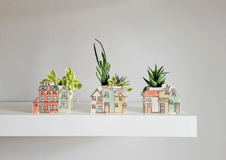 Small handmade ceramic planter of row of houses, series one. Happy vase for plants, perfect for cactus or succulent image 8