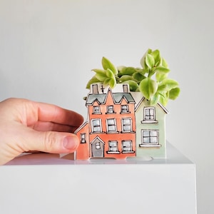 Small handmade ceramic planter of row of houses, series one. Happy vase for plants, perfect for cactus or succulent image 2