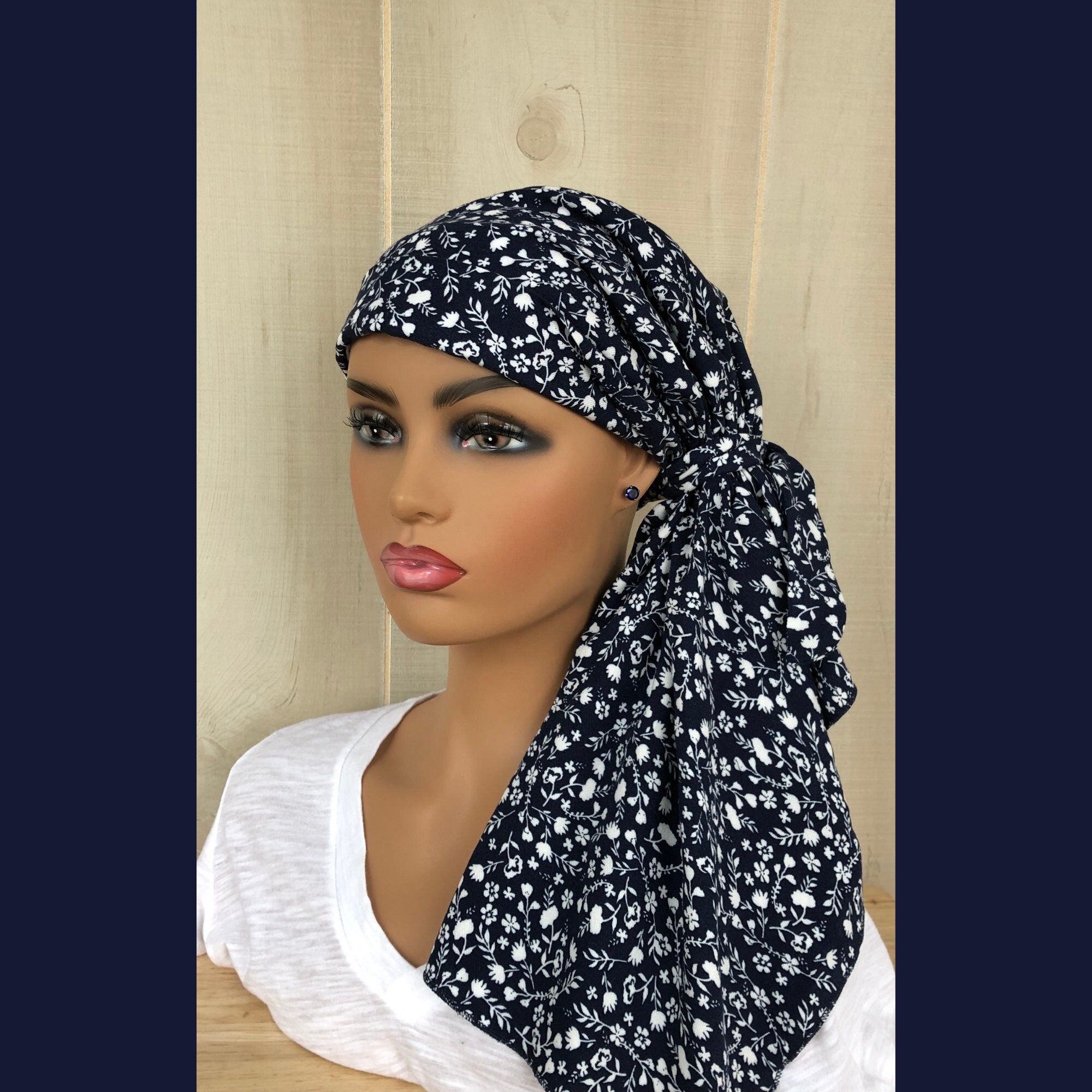 Navy Blue Pre-Tied Head Scarf For Women With Hair Loss, Chemo Headwear,  Adjustable Toggle, Breast Cancer Gifts,