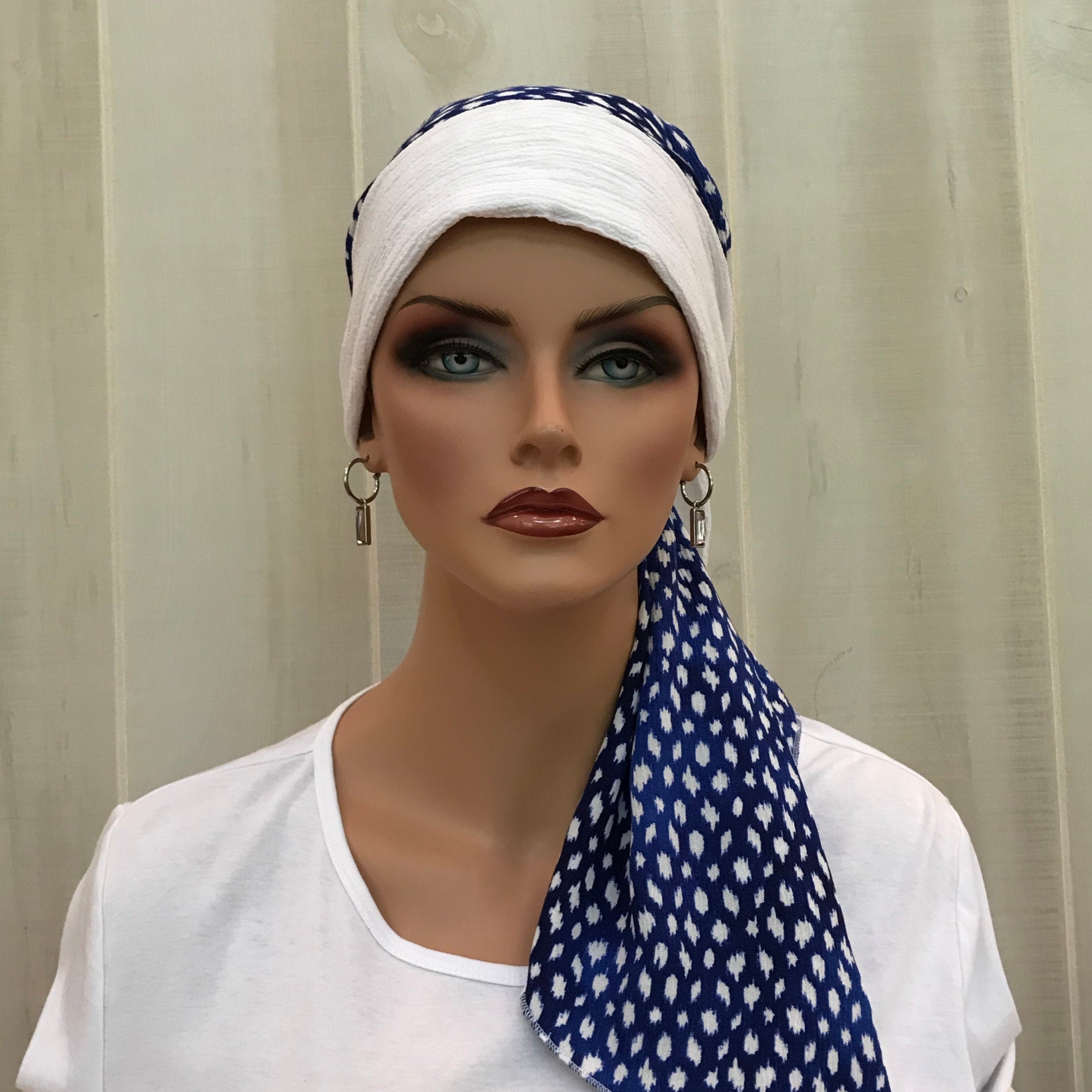 DAY OR NIGHT WEAR HEADWEAR FOR HAIR LOSS CHEMO GREY /& WHITE JERSEY TURBAN HAT