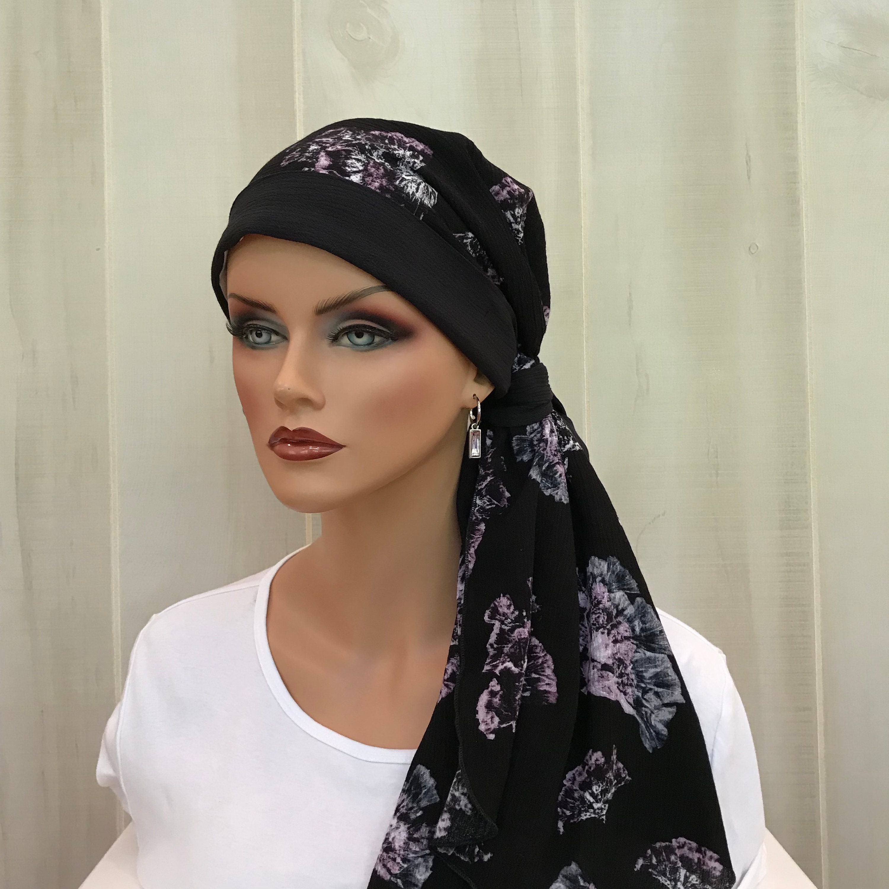 Boho Pre-Tied Head Scarf For Women With Hair Loss, Cancer Gifts, Chemo Headwear, Black Floral Boho Pre-Tied Head Scarf For Women With Hair Loss, Cancer Gifts, Chemo Headwear, Black Floral
