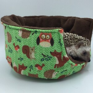 Puede incluir: Una cama para erizos verde y marrón con estampado de animales del bosque. La cama tiene un interior de forro polar suave y un exterior estampado con imágenes de búhos, zorros, ardillas y erizos. Un erizo está dentro de la cama.