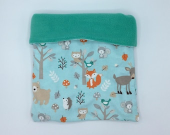 Flannel Sleep Sack, Cuddle Sack, Teal Forest Animals, for Hedgehog, Sugar Glider, Guinea Pig, Rats, and other Small Animals