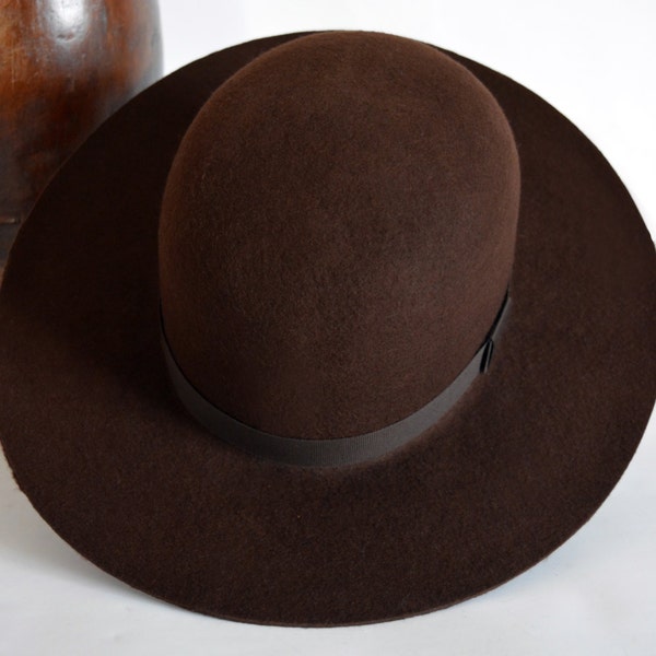 Round Crown Fedora | THE TILLER | Dark Brown Wide Brim Hat Men Women | Wool Felt Western Hat