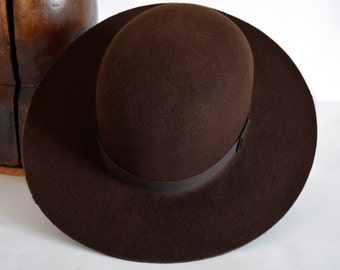 Round Crown Fedora | THE TILLER | Dark Brown Wide Brim Hat Men Women | Wool Felt Western Hat