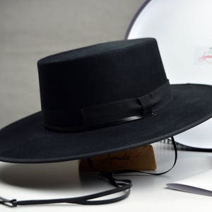 Chapeau boléro | Le GAUCHO | Chapeau à large bord en feutre de fourrure noire à couronne plate pour hommes et femmes | Chapeaux occidentaux