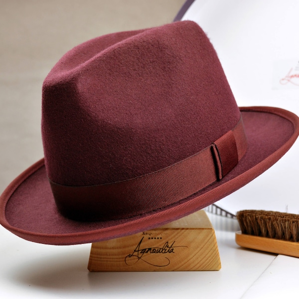 Fédora | L'AUXERRE | Chapeau Fedora en feutre de laine bordeaux pour homme | Chapeaux Fedora pour hommes | Chapeau en feutre pour homme