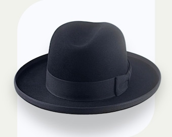 Chapeau Homburg Fedora Bleu Marine Feutre Castor 5x Sur Mesure Taille 6 3/4 Avec Boîte