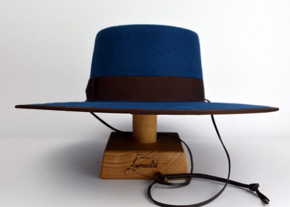 Bolero Hat the OLMECA Blue Fur Felt Flat Crown Wide Brim Hat Men