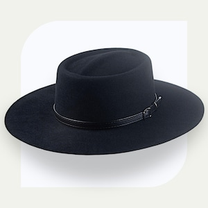 Handmade Black Fur Felt Wide Brim Gambler Cowboy Hat | Telescope Crown | Custom Fit
