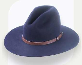 Sombrero vaquero azul marino con corona Gus / The Rogue / Sombrero vaquero de ala plana, ajuste personalizado