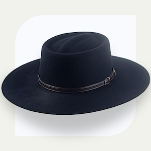 Handmade Black Wool Felt Wide Brim Cowboy Hat | The Gambler | Telescope Crown | Custom Fit