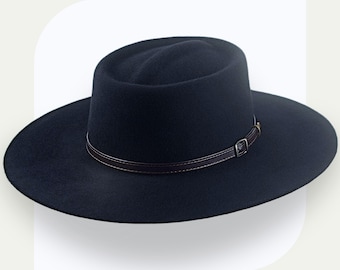 Schwarzer Cowboyhut mit breiter Krempe | Der Zocker | Teleskop Krone, Custom Fit aus Wollfilz