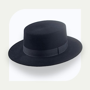 Handmade Black Rabbit Fur Felt Boater Hat | The Drover | Flat Crown | Custom Fit