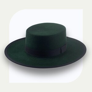 Handmade Emerald Green Wool Felt Flat Top Western Hat | The Bolero | Wide Brim Cowboy