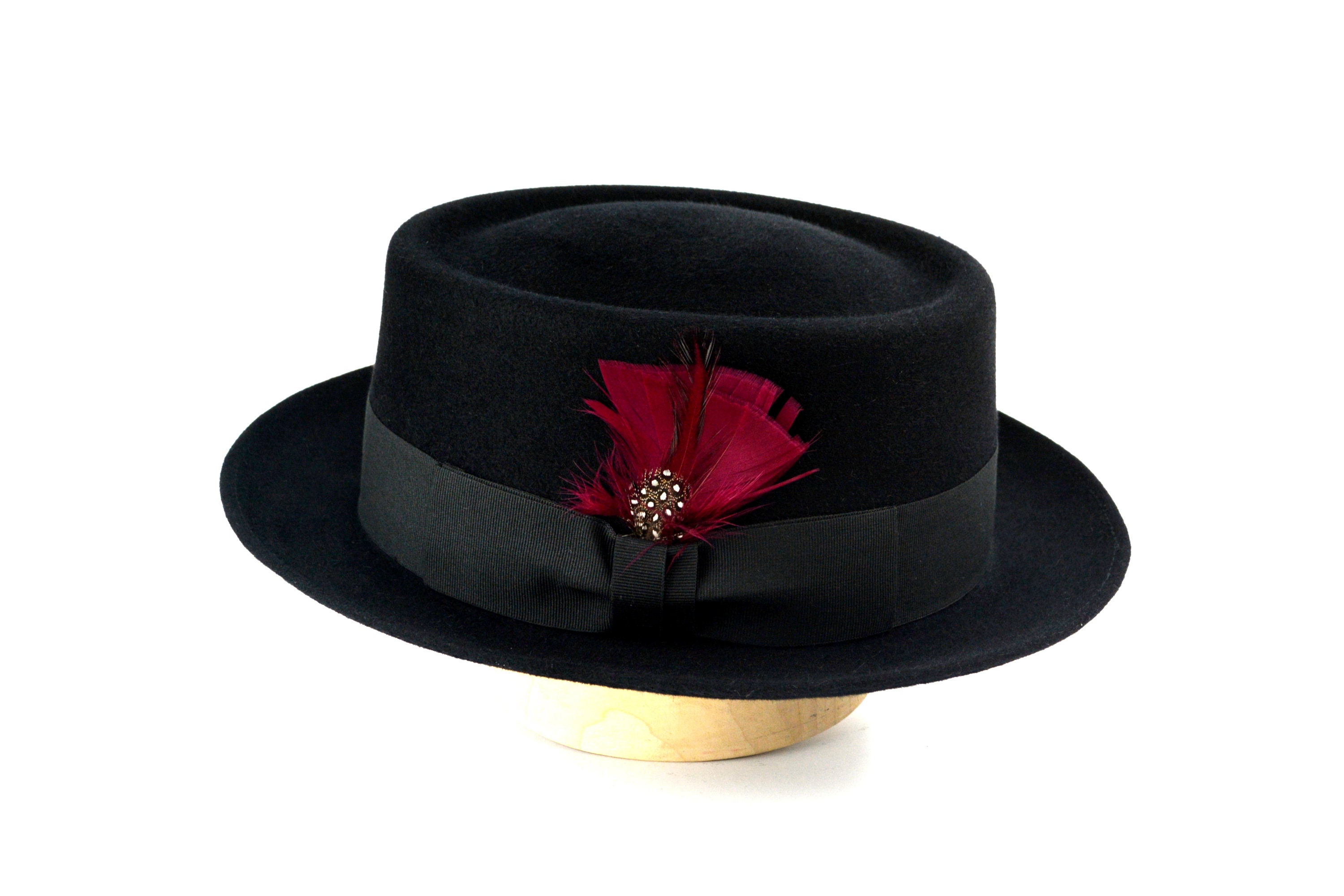 Black Pork Pie Costume Hat with Feather 