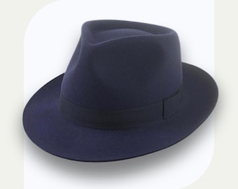 Cappello Fedora a goccia blu navy / Il Diplomatico / Feltro di pelliccia su misura