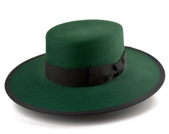 Bolero Mütze | Der Smaragd | Grüner Pelz Filz Flache Krone Breiter Krempe Hut Männer Frauen | Westernmützen | Mode-Accessoires | Großer Kopf Kleidung | Geschenke