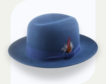 Cappello Fedora a tesa larga blu Yale / Modello Tobin / Feltro di pelliccia su misura