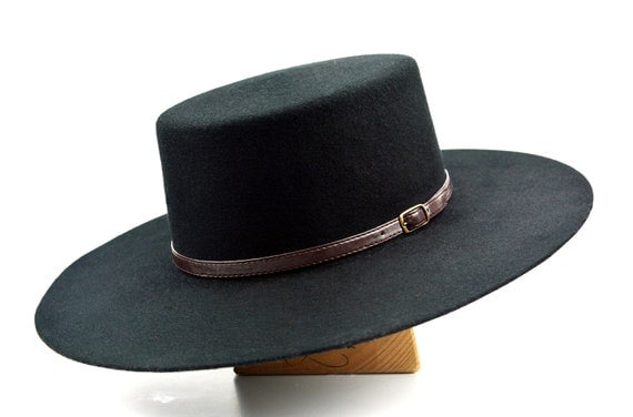 Bolero Hat the GALLOPER Black Wool Felt Flat Crown Wide Brim Hat Men Women  Western Hats 