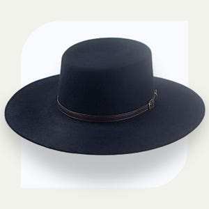 Handmade Black Wool Felt Flat Crown Cowboy Hat | The Galloper | 3 3/4&quot; Crown | Leather Belt