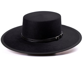 Chapeau boléro | Le TYCOON | Chapeau à large bord en feutre de fourrure noire à couronne plate pour hommes et femmes | Chapeaux occidentaux