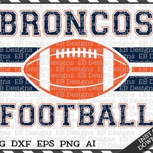 May include: A digital design featuring the words "BRONCOS FOOTBALL" in navy blue with orange outlines. A stylized orange football with white laces is centered between the words. The background is a striped pattern of alternating orange and navy blue stripes.