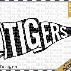 May include: Black and white silhouette of a pennant with the word "TIGERS" in bold letters. The pennant is in a classic style with a pointed tip and a curved bottom edge.