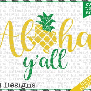 May include: A yellow and green graphic design with the text "Aloha y'all" and a pineapple shaped like the state of Texas.
