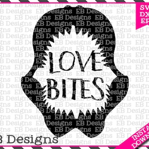 May include: Black and white silhouette of a shark's head with the words "Love Bites" inside the mouth.