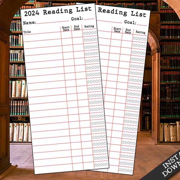 Printable 2024 Reading List Bookmark - Digital Download