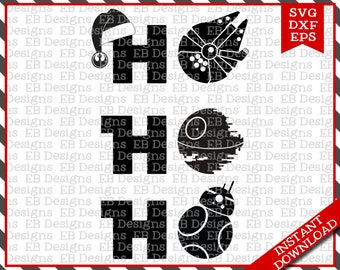 May include: Black and white graphic design featuring the text "Ho Ho Ho" with Star Wars-themed elements. Includes a Santa hat, Millennium Falcon, Death Star, and BB-8. The image also includes "SVG DXF EPS" and "Instant Download" text.