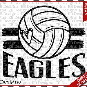 Può includere: Grafica in bianco e nero con una pallavolo con un cuore e la parola "EAGLES" in grassetto. Il design è su uno sfondo di pennellate nere.