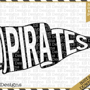 May include: Black and white silhouette of a pennant with the word "PIRATES" in white letters. The pennant is curled at the bottom.