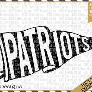 May include: Black and white pennant with the word "PATRIOTS" in white letters. The pennant is in the shape of a triangle with a pointed end.