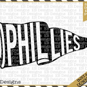 May include: Black and white silhouette of a pennant with the word "PHILLES" in bold letters. The pennant is curved at the bottom and has a pointed tip.