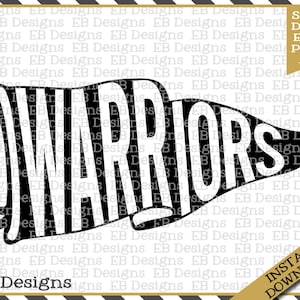 May include: Black and white silhouette of a pennant with the word "WARRIORS" in bold white letters. The pennant is a common sports design.