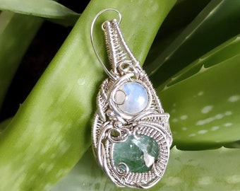 Sterling Silver Wire Wrap Pendant featuring Green Tourmaline and Blue Flash Moonstone / heady wire wrap pendant