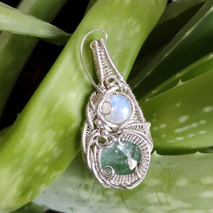 SALE Sterling Silver Wire Wrap Pendant featuring Green Tourmaline and Blue Flash Moonstone / heady wire wrap pendant