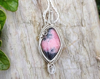 Sterling Silver Wire Wrap Pendant Necklace with Hand Cut Rhodonite and Petroleum Encased Diamond Quartz