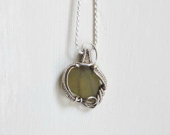 Beach Glass Sterling Silver Wire Wrap Pendant Necklace / River Glass Necklace / glass pendant